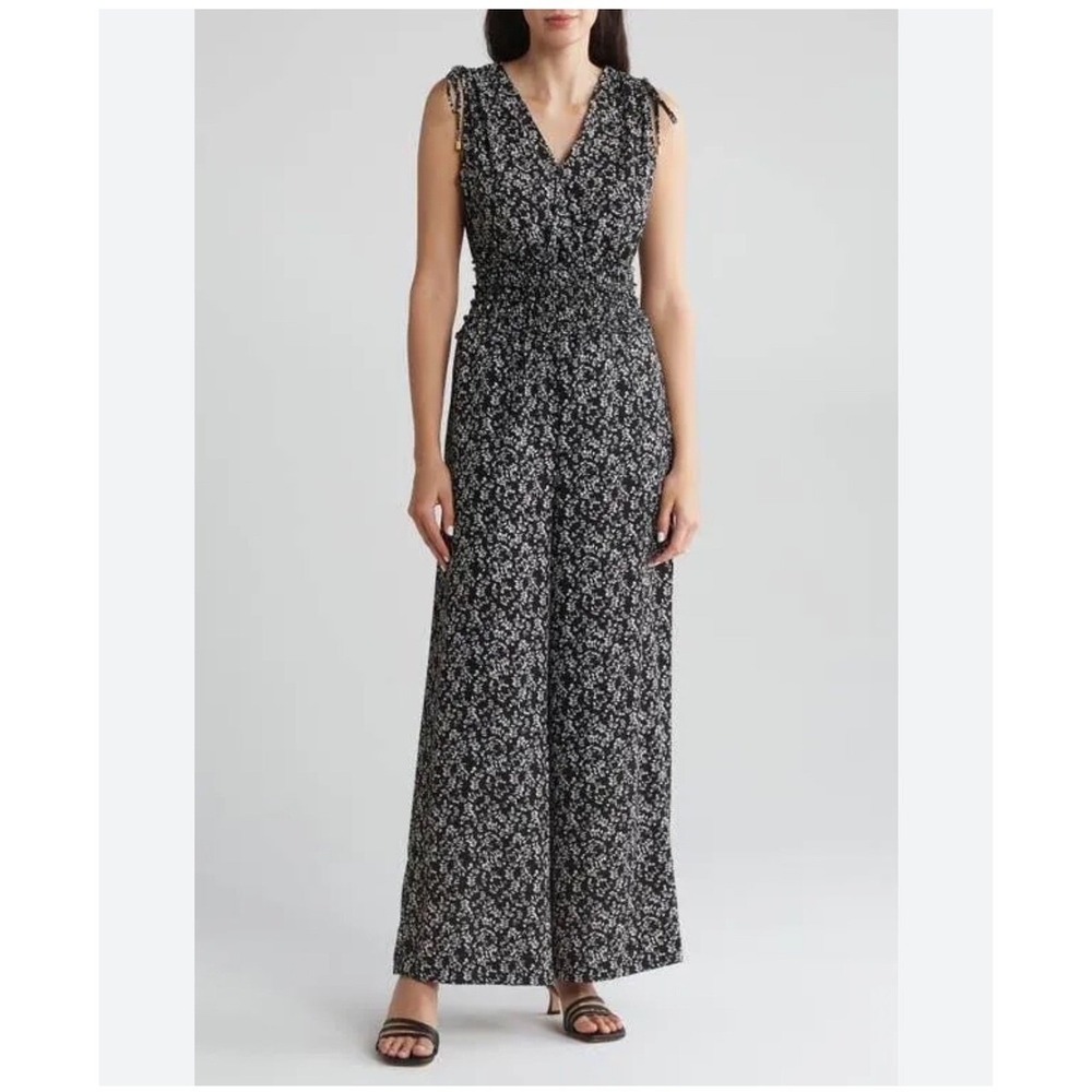 NEW Ellen Tracy‎ Black Floral Print Wide Leg Jumpsuit Smocked Waist XS